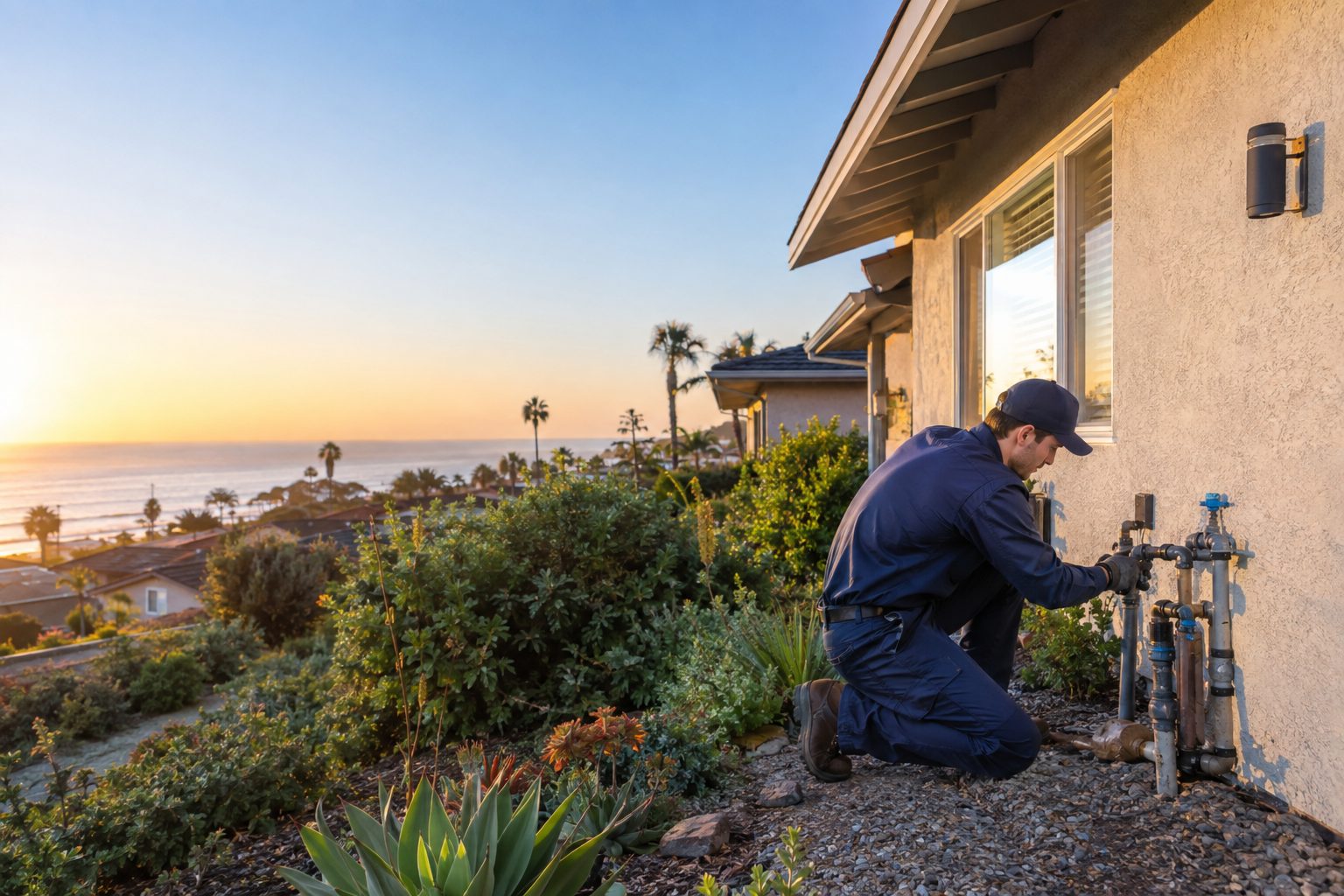 A licensed plumber checks an exterior water connection beside an Oceanside ranch home on a clear coastal morning in Oceanside, CA